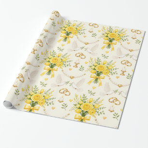 Geel bloemig huwelijks- en verlovingscadeauverpakk cadeaupapier