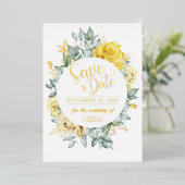 Geel bloemig klassiek botanisch trouw datum beware folie uitnodiging (Staand Voorkant)