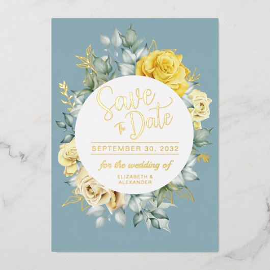Geel bloemig klassiek stoffig blauwe huwelijksdatu folie uitnodiging (Voorkant)