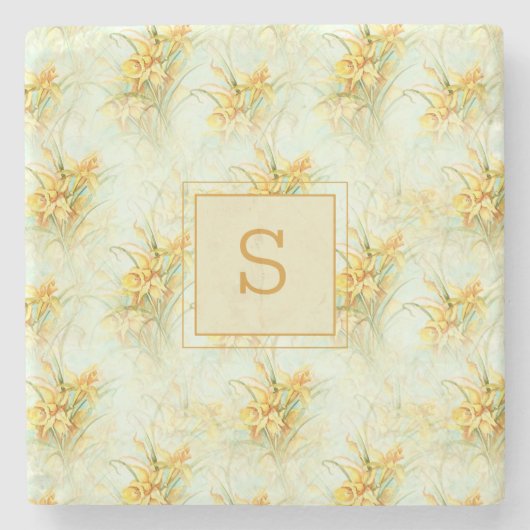 Geel Bloemig Narcis Waterverf Monogram Stenen Onderzetter (Voorkant)