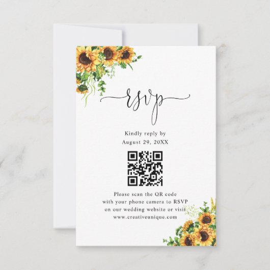 Geel bloemige trouwwebsite QR-code RSVP Kaartje (Voorkant)