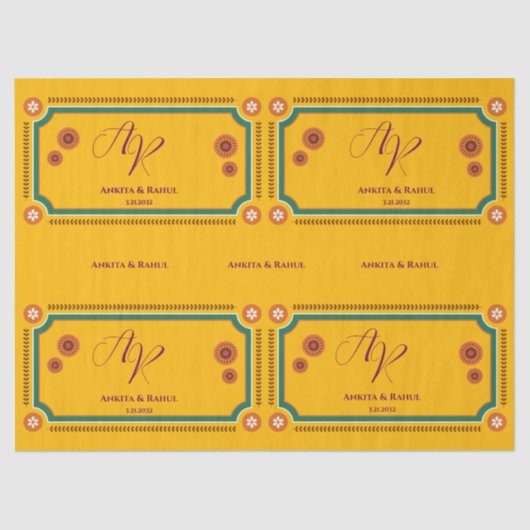 Geel Bloemmonogram Initialen Indiase bruiloft Tissuepapier (Voorkant)