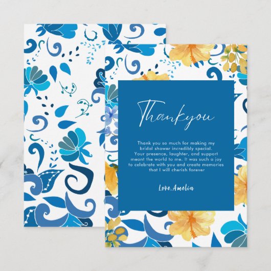 Geel bloemmotief blauwe Italiaanse bruidsdouche Bedankkaart (Voorkant / Achterkant)