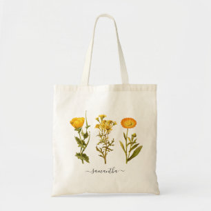 Geel Bloemmotief Botanische Vintage Gepersonalisee Tote Bag