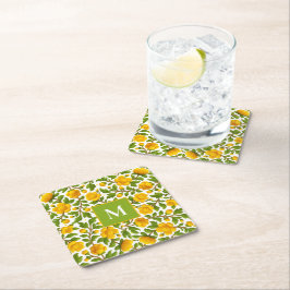 Geel Bloempatroon - gepersonaliseerd monogram Kartonnen Onderzetters