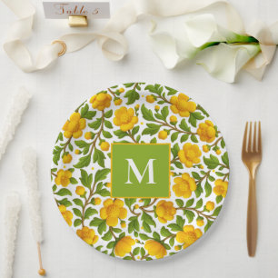 Geel Bloempatroon - gepersonaliseerd monogram Papieren Bordje