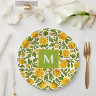 Geel Bloempatroon - gepersonaliseerd monogram Papieren Bordje