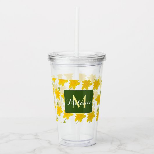 Geel Bloempatroon Handgetekende Naam Monogram Acryl Drinkbeker (Voorkant)