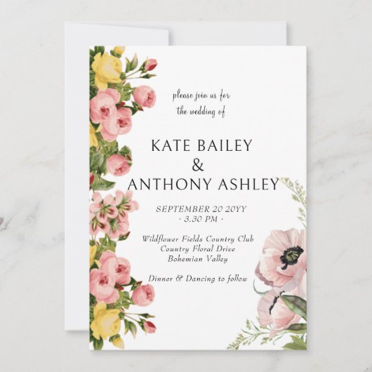 Geel Bloempatroon Huwelijksuitnodiging Kaarten (Voorkant)