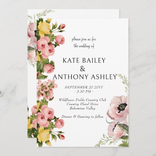 Geel Bloempatroon Huwelijksuitnodiging Kaarten (Voorkant / Achterkant)