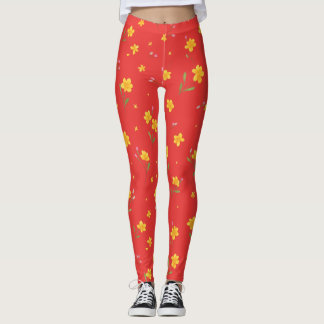 Geel Bloempatroon op Rood Leggings