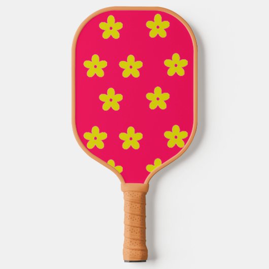 Geel bloempatroon op roze pickleball paddle (Voorkant)