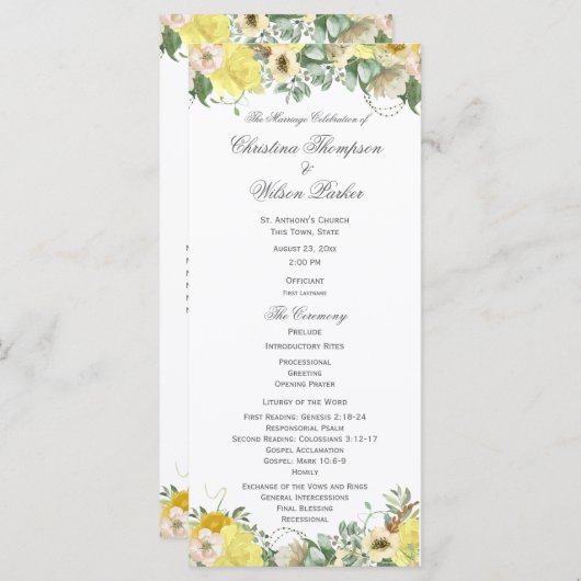 Geel bloemschilderwerk Boeket Bruiloftsprogramma Programmakaart (Voorkant / Achterkant)