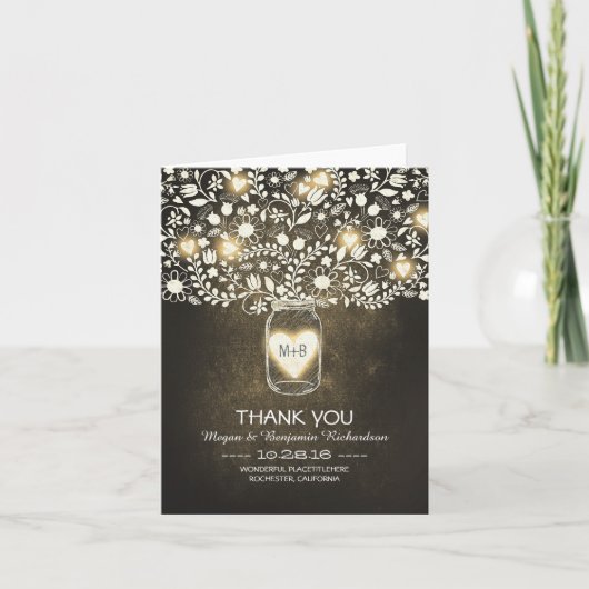 Geel bloemstuk met glazen pot op bruiloft bedankka bedankkaart (Voorkant)