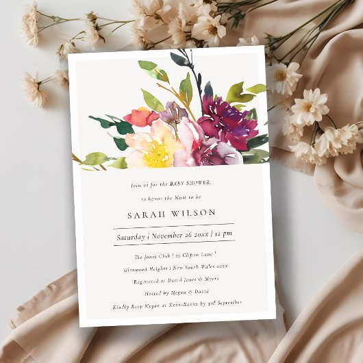 Geel Blush Burgundy Floral Baby shower Invite Bedankkaart