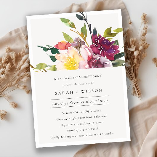 Geel Blush Burgundy Floral Verloving Invite Bedankkaart