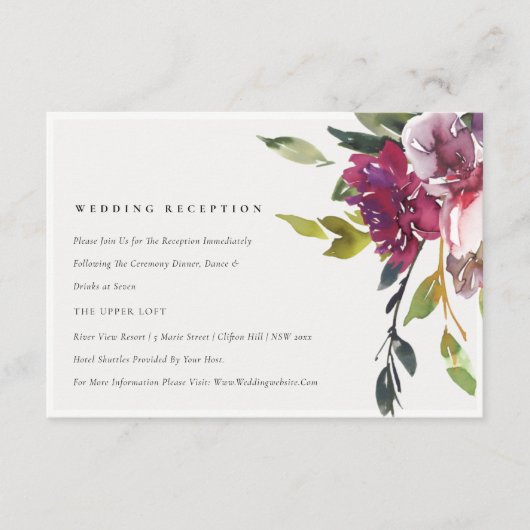 Geel Blush Burgundy Floral Wedding Reception Informatiekaartje (Voorkant)