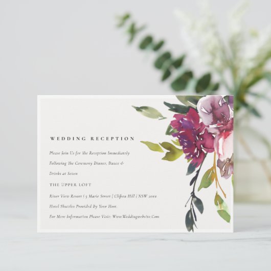 Geel Blush Burgundy Floral Wedding Reception Informatiekaartje (Staand voorkant)
