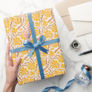Geel Boho Mid Century Modern Bloempatroon Cadeaupapier