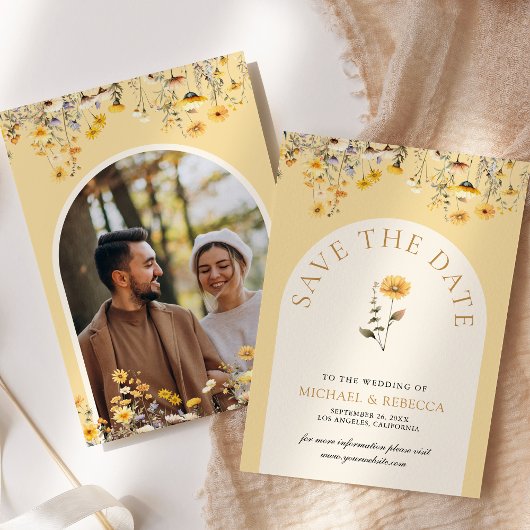 Geel Boho Wilde Bloem Bloemstuk Trouwfoto Save The Date