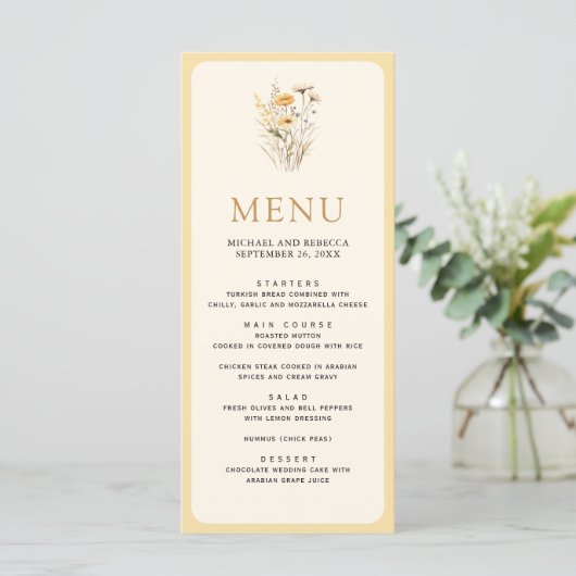 Geel Boho Wilde Bloem Bruiloft Menu (Staand voorkant)