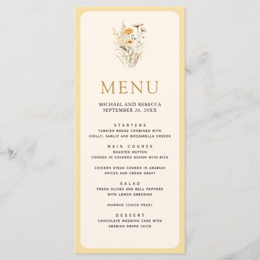 Geel Boho Wilde Bloem Bruiloft Menu (Voorkant)