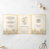 Geel Boho Wildflower Foto QR Code Huwelijk Drieluik Uitnodiging (Binnen)