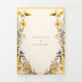 Geel Boho Wildflower Foto QR Code Huwelijk Drieluik Uitnodiging (Cover)