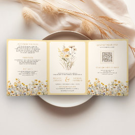Geel Boho Wildflower Foto QR Code Huwelijk Drieluik Uitnodiging