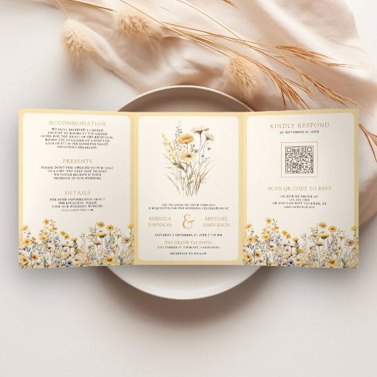 Geel Boho Wildflower Foto QR Code Huwelijk Drieluik Uitnodiging