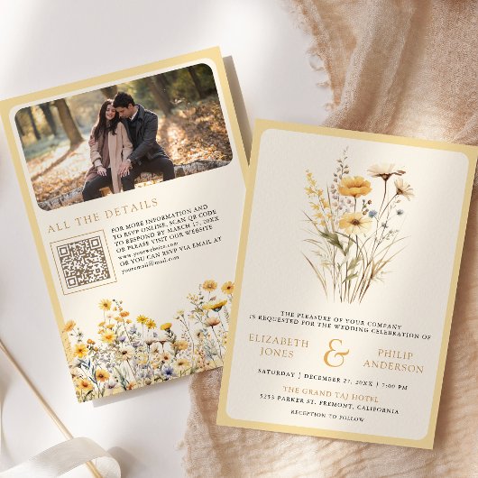 Geel Boho Wildflower Foto QR Code Huwelijk Kaart
