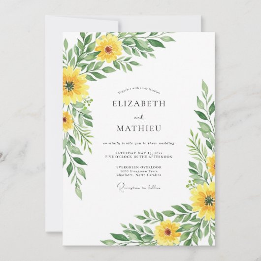 Geel botanisch lentewedding kaart (Voorkant)