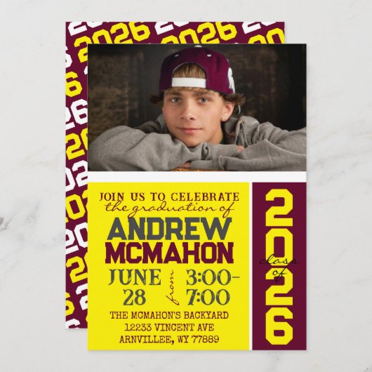 Geel & Bourgogne Afstuderen Fotouitnodiging Kaart (Voorkant / Achterkant)