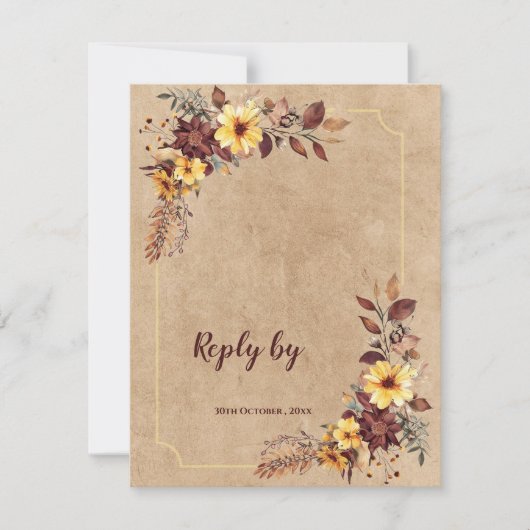 Geel & Bourgondië Bloemen QR Code Fall Wedding RSVP Kaartje (Voorkant)