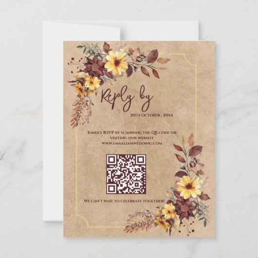 Geel & Bourgondië Bloemen QR Code Fall Wedding RSVP Kaartje (Achterkant)