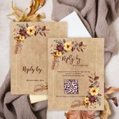 Geel & Bourgondië Bloemen QR Code Fall Wedding RSVP Kaartje