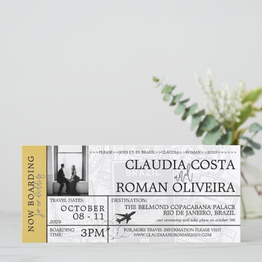 Geel Brazilië Bruiloft Boarding Pass Uitnodiging (Staand voorkant)