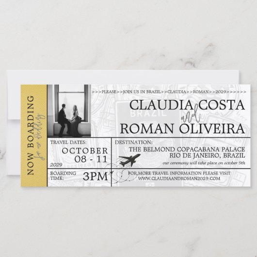 Geel Brazilië Bruiloft Boarding Pass Uitnodiging (Voorkant)