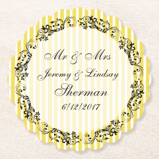 Geel Bruiloft Gepersonaliseerd Aangepast Papier On Kartonnen Onderzetters (Voorkant)