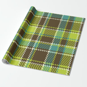 Geel bruin en blauw ruitpatroon cadeaupapier