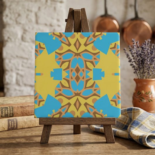 Geel bruin en Turquoise Etnic Boho Pattern Tegeltje
