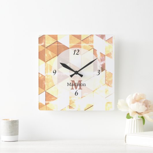 geel bruin geometrisch patroon Monogram Vierkante Klok (Huis)