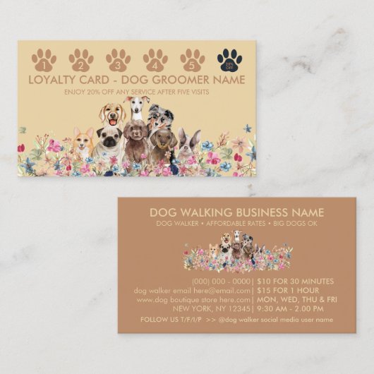 Geel Bruin Hond Walker Groomer Punch Loyaliteit Visitekaartje (Voorkant / Achterkant)