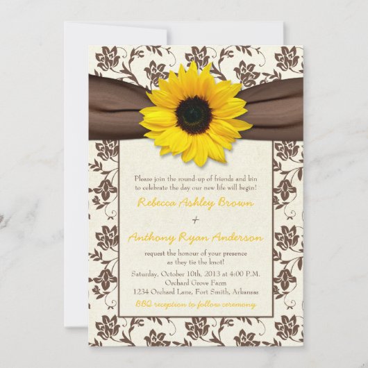 Geel bruin ribbon Damask Sunflower Wedding Kaart (Voorkant)