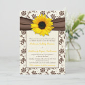Geel bruin ribbon Damask Sunflower Wedding Kaart (Staand voorkant)