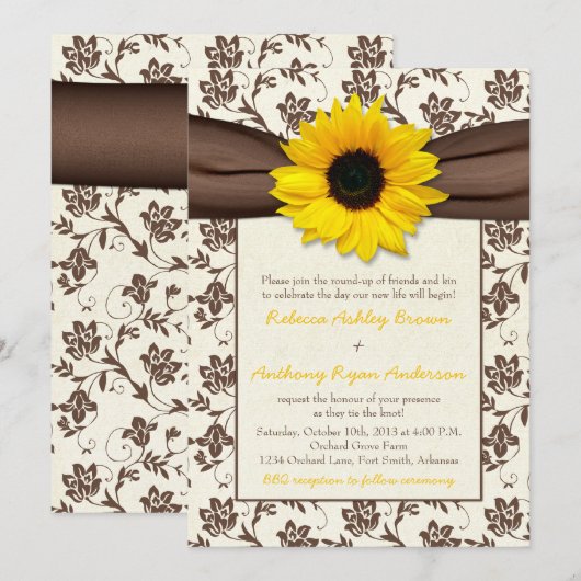 Geel bruin ribbon Damask Sunflower Wedding Kaart (Voorkant / Achterkant)