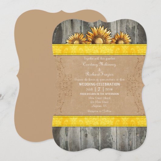 Geel bruin Rustic Sunflower Wedding Invite Kaart (Voorkant / Achterkant)