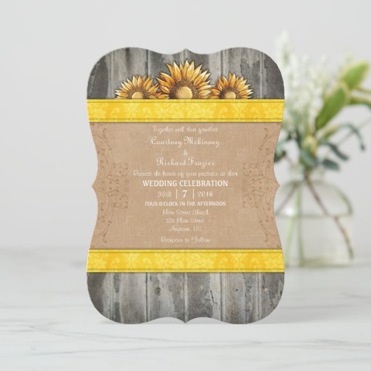 Geel bruin Rustic Sunflower Wedding Invite Kaart (Staand voorkant)