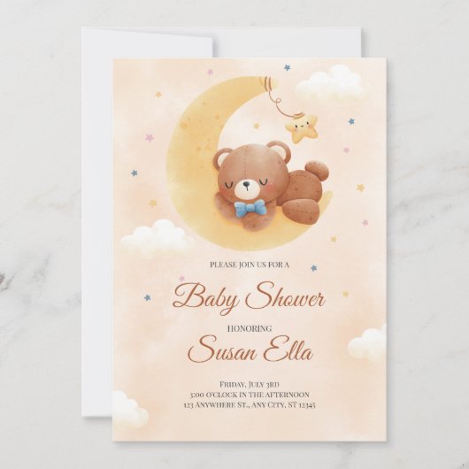 Geel Bruin Schattige Baby Beer Baby shower Uitnodi Kaart (Voorkant)