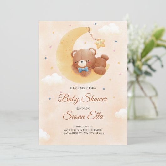 Geel Bruin Schattige Baby Beer Baby shower Uitnodi Kaart (Staand voorkant)